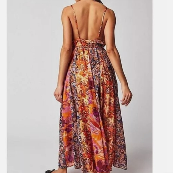 FREE PEOPLE Moondive orange floral flowy long full strappy cotton dress - Picture 2 of 10